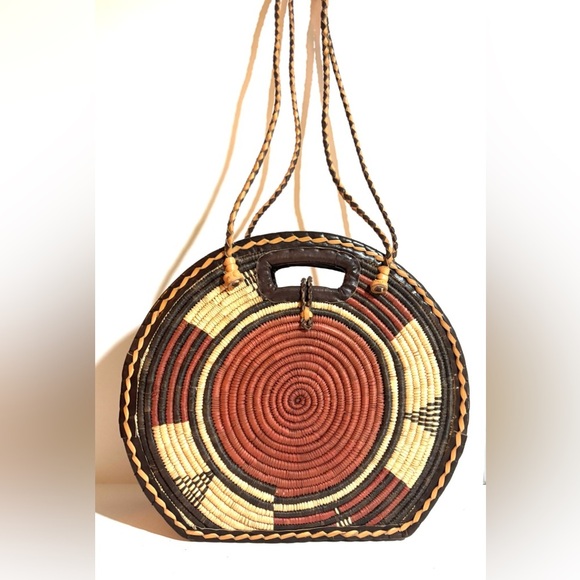Handcrafted handmade Africa  Tan and brown leather suede woven straw Round Bag - Picture 2 of 7